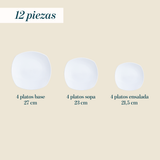 Juego de Vajillas 12 Piezas Porcelana Cuadrado Blanco Cascais