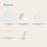 Juego Set de Vajilla 30Pzas Porcelana Blanca Serena  Hallen