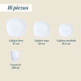 Juego de Vajillas 16 Piezas Porcelana Cuadrado Blanco Cascais