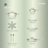 Batería Cocina 14Pzs Aluminio Forjado Antiadherente Flow Verde