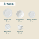 Juego de Vajillas 30 Piezas Porcelana Rodondo Blanco Cascais