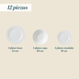 Juego de Vajillas 12 Piezas Porcelana Redondo Blanco Cascais