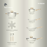 Bateria Cocina 14Pzs Aluminio Forjado Antiadherente Flow Beige