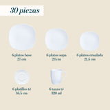 Juego de Vajillas 30 Piezas Porcelana Cuadrado Blanco Cascais
