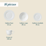 Juego de Vajillas 16 Piezas Porcelana Redondo Blanco Cascais